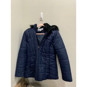Marc New York Andrew Womens Navy Blue Quilted Puffer Coat Faux Fur Hood Size L